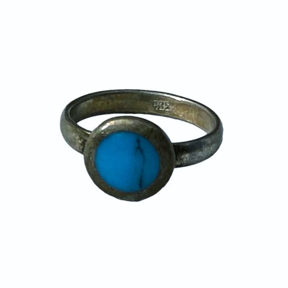 Sterling Silver Turquoise Ring Small Round Center Stone Size 5.5 - Picture 1 of 8